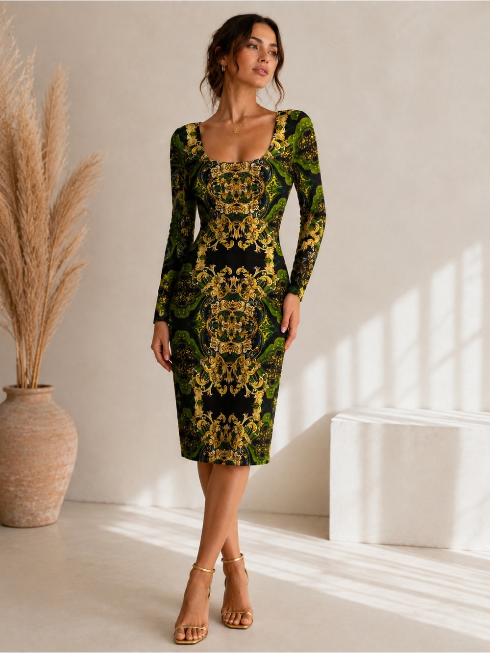 Alice + Olivia Baroque Print Bodycon Mini Dress Green Gold Black